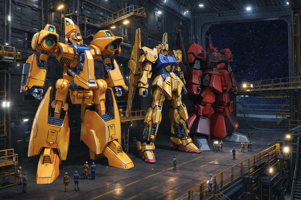 アーガマ整備ドック風ショットです。メタスと並べても同じ黄色にはみえない感じになりました。