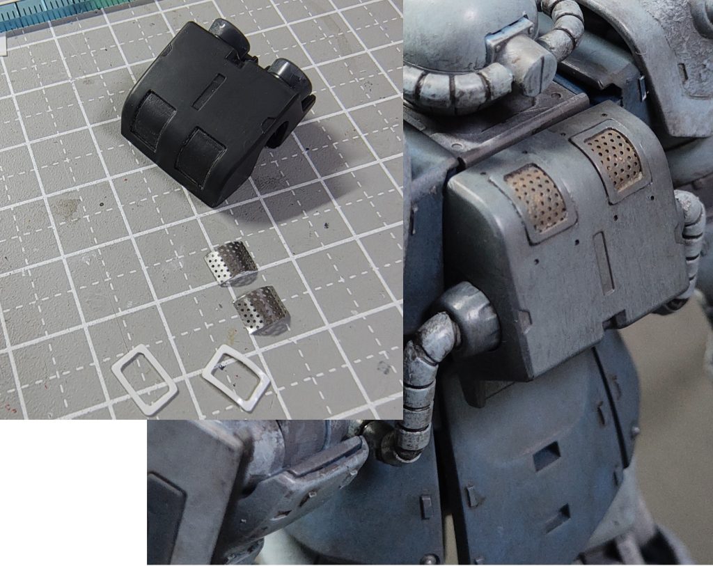 もう1つランドセルの上部の細工です。これもタミヤ1/35のII号戦車のマフラーの部分のエッチングパーツの余剰を切って貼っています。エッチングパーツをジャストサイズで切れなかったので、枠をつけて塞ぎました。写真で見ると、穴が幾つか埋まって(つまって)いますが、実際も埋まっていたことでしょう。よしとします。