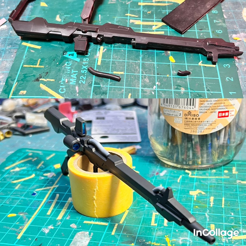 メガビームランチャーエネルギーチューブを本体から切断してバリも削りとりました。スコープに塗装したHアイズをはめ込みました。　センサーの色は青で統一しています。