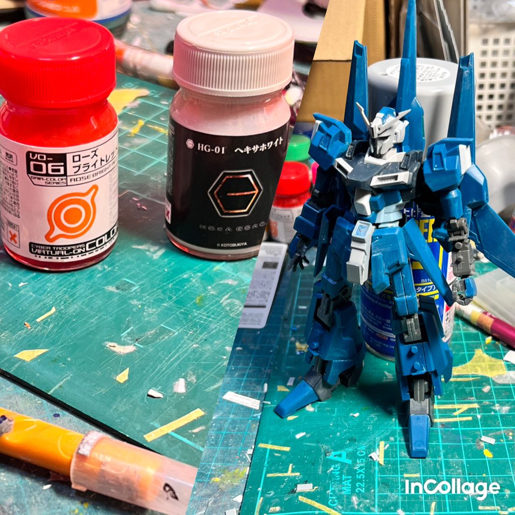 最後に塗装前の状態と使用塗料です（肩鎧が左右逆についてますね(gundam-kao5)）。薄い赤がガイアローズブライトレッド、濃い赤がクレオスイタリアレッドを使いました。白はガイアヘキサホワイトで塗りました。以上になります！ご覧いただきありがとうございました🙇‍♂️