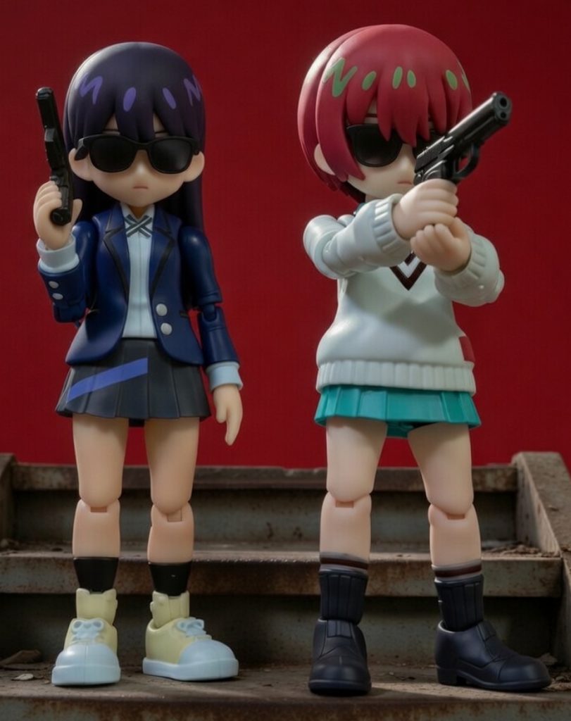 お約束の「あぶない刑事」ネタ。マチュ(=ユージ)とニャアン(=タカ)。まずは「帰ってきた~」のポスターっぽく。サングラスはプラ板で自作。階段は百均のモノを加工した。