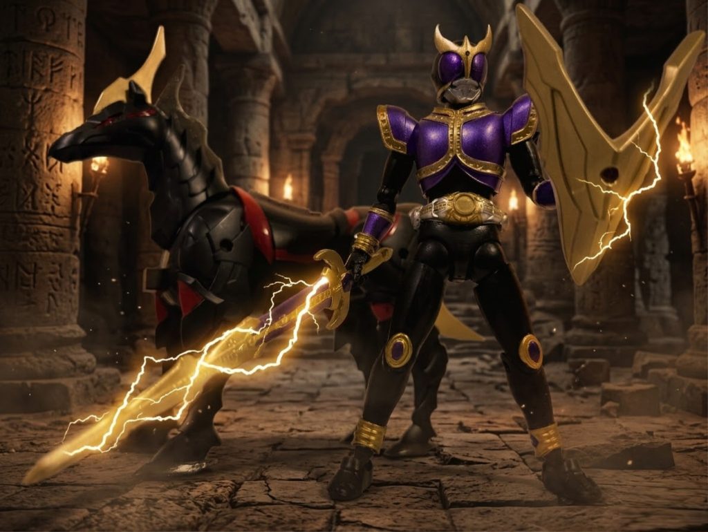 このようにライジングタイタンで戦うシチュエーションも表現できる（一応他のフォームでも試したが軒並みシールドを装備できた）。