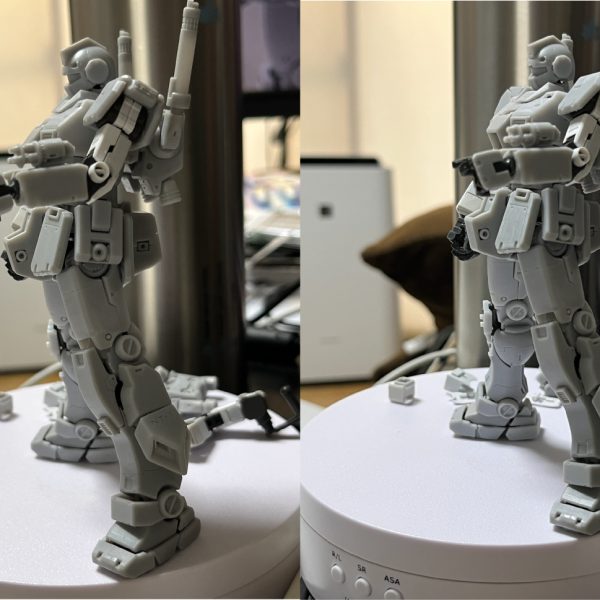 途中経過の御裾分けです。仲良くおやつ摘まみながら一緒に遊んでくれる人だけご覧ください(*'▽')。もちろんいつものように(笑)差分の漏れでハメアイに失敗した訳ですが、この時点で一言。ナリフリ構わぬ博打に勝ちました!(^^)!。これを基点に一気に完成間近まで進めます。解説の手間を省く為に捏造ポイントの開示を始めていきます。当方では、クリスに渡った時点をALEXとし、無事Aさんに届いたバージョンを別個に設定します。うちのジムくんを着替えさせてALEXに替える訳ですが、当方での史実もそのまま、クリス搭乗ALEXをジムベースガンダム艤装と捏造設定しています。詳しい捏造理由は完成品アップの際に記述しますが、ザクにタコ殴りされた原因と言い訳の一つとします。写真はALEXパーツを一部試着。この時点でレッグラインは予想以上の出来(自画自賛)。嫌いだったパンタロンラインを克服出来そうな気がする。あとセンチネルガンダム設定画の偏向手首を廃した新規下腕デザインも希望通りの雰囲気。加えてガトリング向け捻り旋回もRGキットフレームでも実現可能と判明。上々である。頭はまだあえて出番の少ない初期ジムのままにしてあるけど、笑う所です(*'▽')。元気出てきた…続くよ。写真追加：ガトリングベース失敗したので腕に載せているだけですが、下腕が逆転して肘が曲がっていることが判別できると思います。ちゃんちゃん♪。（3枚目）