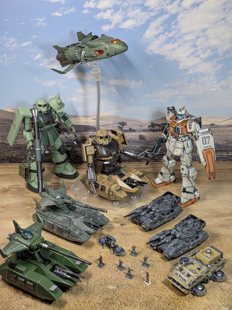 使ったキットHGUC202　陸戦型ジムHGUC　ザク地上戦セットHGUC　陸戦型ガンダム地上戦セットよりホバートラックEXモデル　マゼラ・アタック旧キット　マゼラ・アタック旧キット　ザクタンク旧キット　ザンジバル旧HG　Ez8よりシロー・アマダ人形