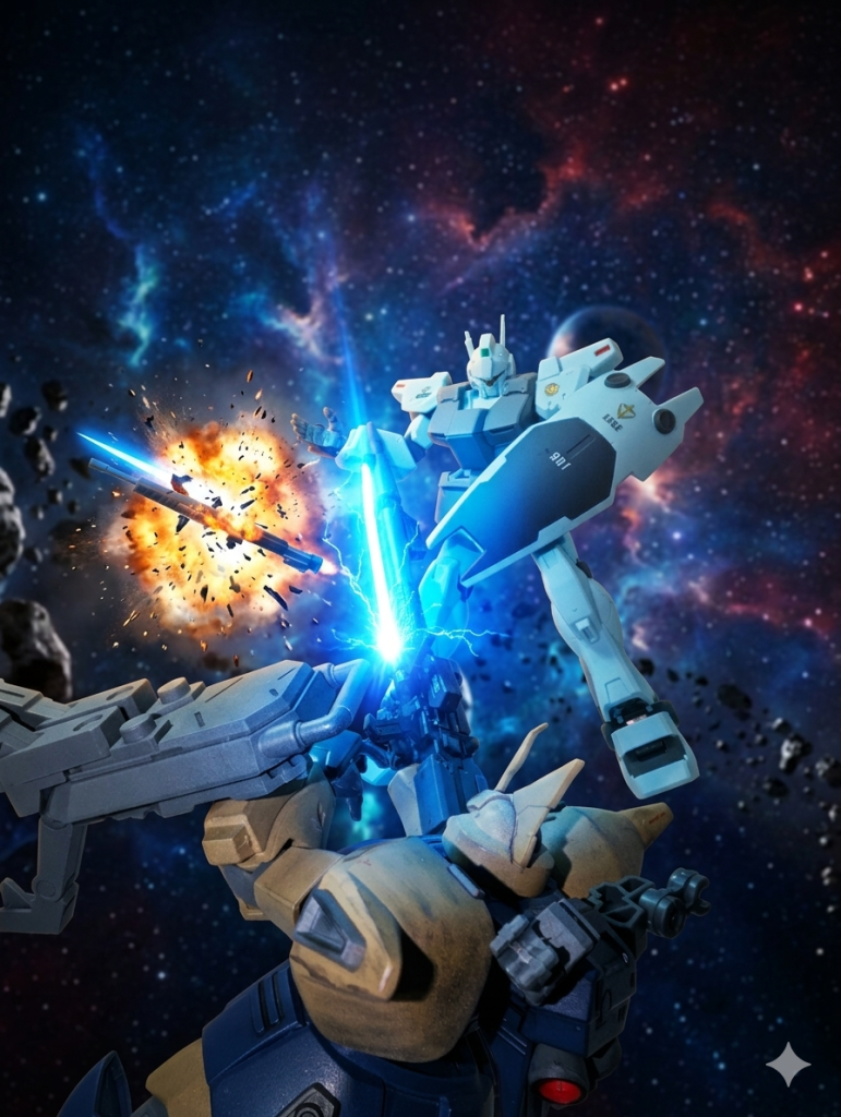 しかしエフェメラ機は至近距離になった瞬間、ビーム・ジュッテを起動させ、薙ぎ払った。ジム・ライフルが爆散する前に、隊長機はライフルを投げ捨てビーム・サーベルに手を掛けたが…