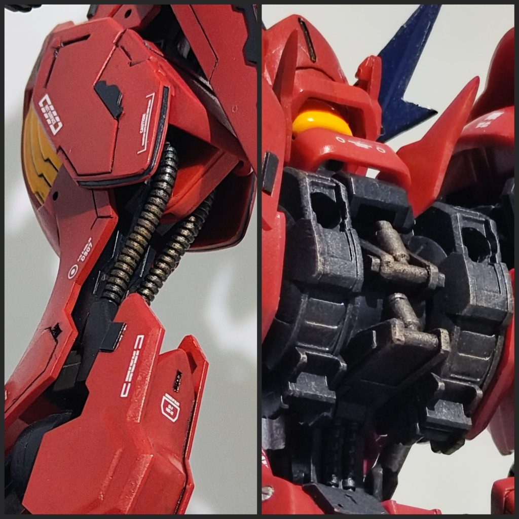 鉄血機体のこういう鉄の匂いがしそうなところが好きです。今回内部フレームの一部にドライブラシをしてみましたが、なんとなく感覚でやってみてとっても楽しかったので、今後汚し塗装なんかも挑戦していけたらいいなと思っています。次の投稿がいつになるのかは分かりませんが、次回も見ていただければ嬉しいです。