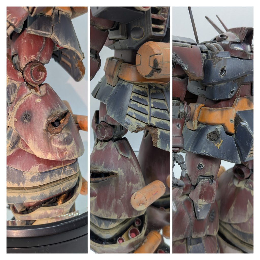 今回も全身にダメージ加工してます。残党なので壊れたら壊れっぱなしだろうと思い、「さびてんねん」を使って一部のダメージ箇所を錆びさせています。錆びた弾痕とシルバーの弾痕を混ぜ込むことで歴戦の機体であることを表現してみました。