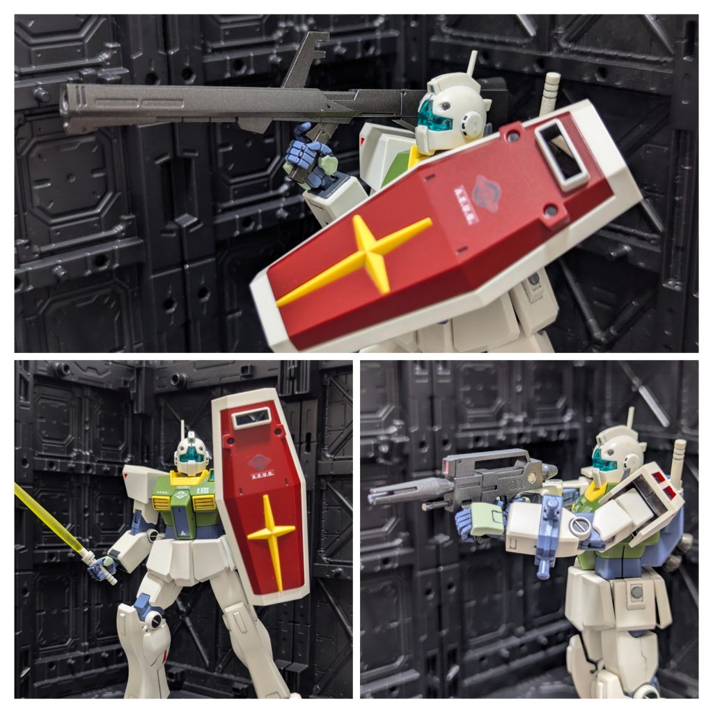 各武装類デフォルトではビームライフルとビームサーベル、シールドを装備しています。が、エゥーゴ仕様を強調する為クレイバズーカを装備させてみました。開戦当初のエゥーゴはクレイバズーカを多用していたようですので、これもアリではないでしょうか？