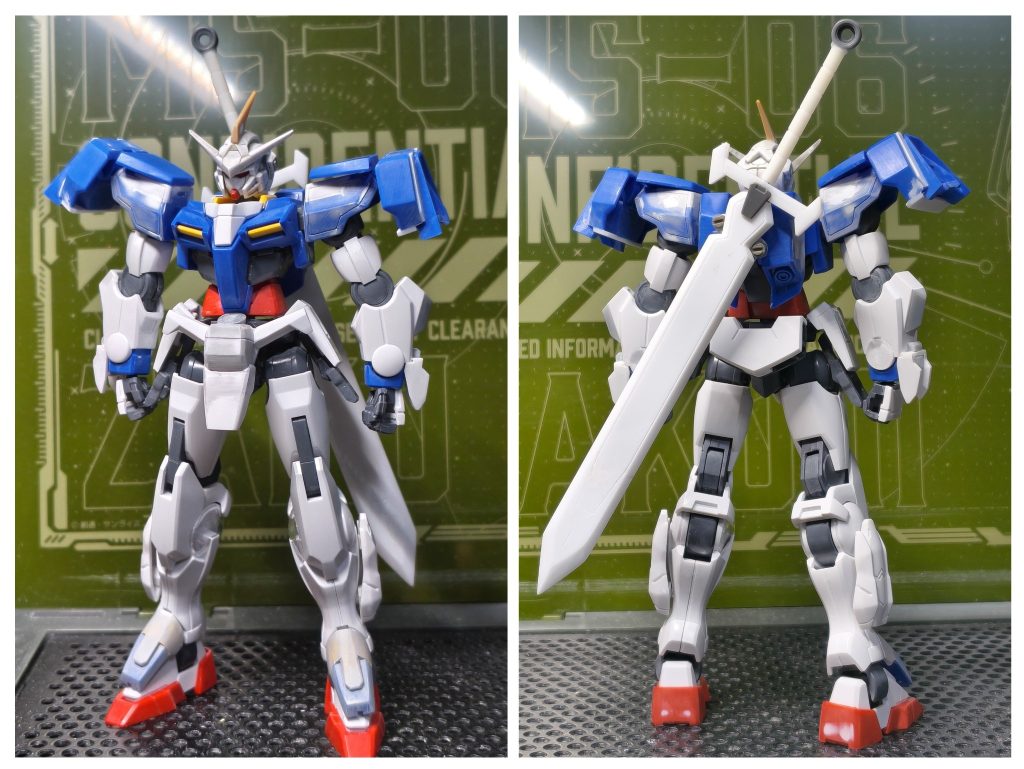 ほぼダブルオーです。頭部はエクシアに変えて角増やしました。肩は、ダブルオーの物を切ったり貼ったりしてます。腕のクローと、脚の追加パーツは、バルバドスかバエルの余りパーツです。腰のフロントアーマーは何かのジャックパーツを付けただけ、サイドアーマーはダブルオーのソード後ろパーツを切ったり削ったりした物を付けました。アンクルアーマーは、同じくソードの余りパーツを付け延長しました。剣は、プラ板プラ棒プラ棒でスクラッチ。