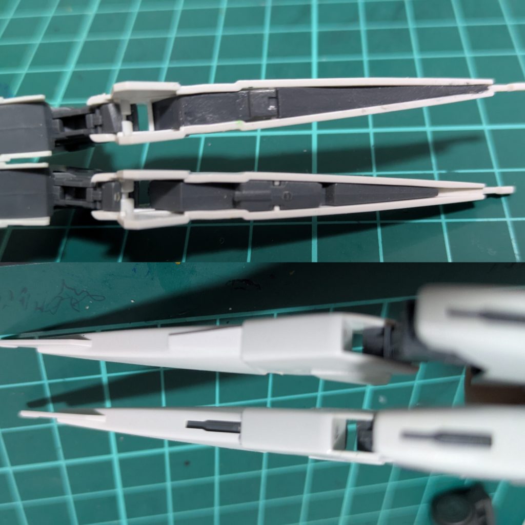 最大の問題はミノフスキードライブのはめ込みパーツが無いこと💦はめ込みパーツとか作れん‼️と思ったけどプラ板で蓋したらなんとかなるかな〜と店頭で40分くらい考え購入w上段下段共に上が、なんちゃって改修です気持ちばかりのディテール突き抜けはめんどくさかったのでプラ板で蓋しました😂それっぽくなればいっかという感じです