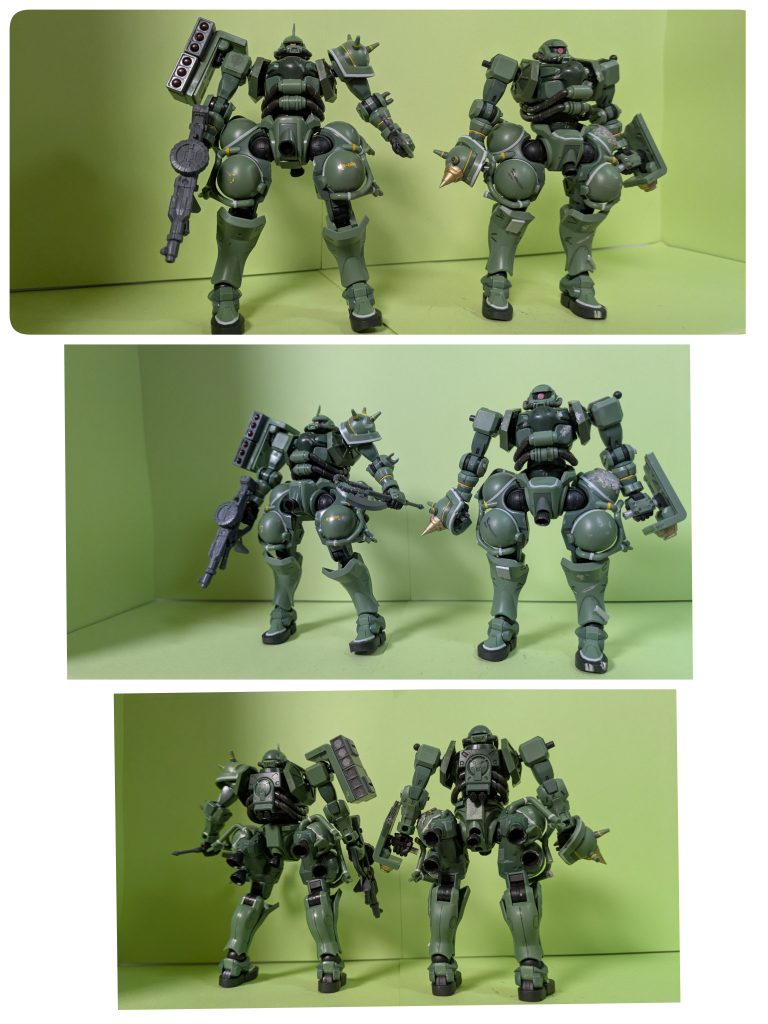 フル装備ザクと比較。ショルダーアーマーはそれぞれスパイクグローブとシールドトンファーに改造。ドアンザクの特徴である面長が再現されており、機体のボロボロ感が見て取れる。