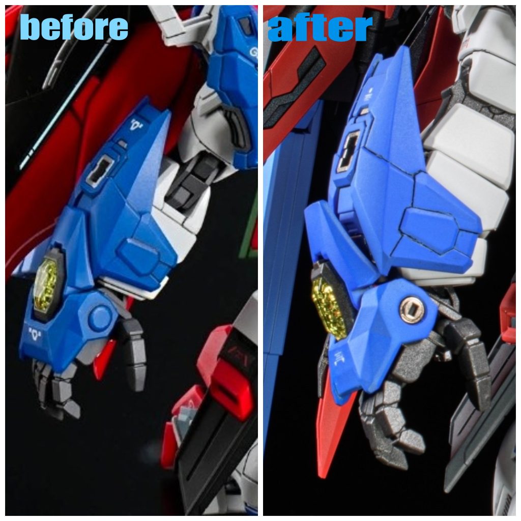 最初はそのまま丸部分を掘り直して活かそうかなと思ったのですが「もう少しディテールが欲しいな…」と感じ、思い切ってくり抜いてみました笑後から接着する形にしたので、結果的には金属感があるワンポイントになって良かったです✨&nbsp;ビームブーメランの先端塗り分け