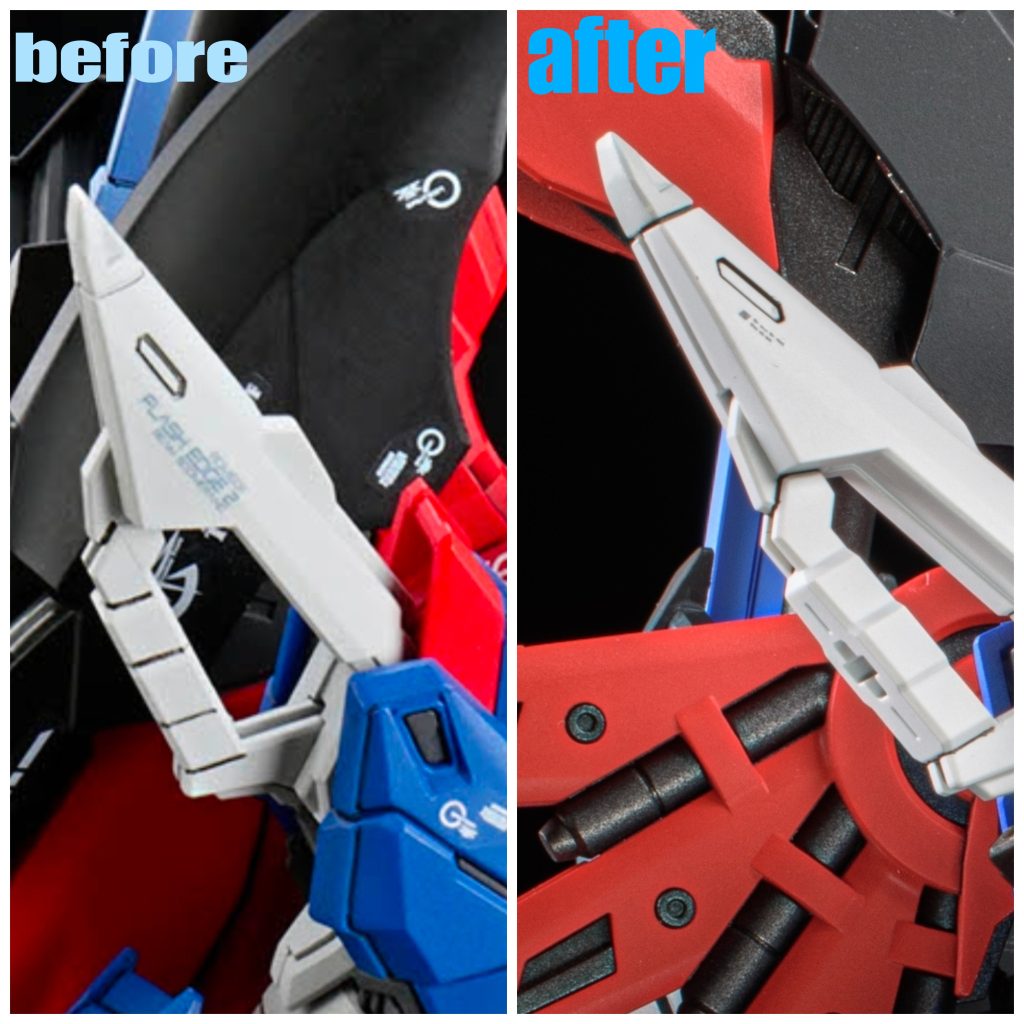 少し分かりにくいですが、ビームブーメランの先端はガイアノーツのニューラルグレー2で色分けしています本体のホワイトはニュートラルグレー1になります今回の塗り分けポイントはここだけになっています笑もう少し増やそうとも思ったのですが、パーツの掘り直しで疲れてしまい断念しました笑&nbsp;光の翼にホログラム塗料を薄く塗装