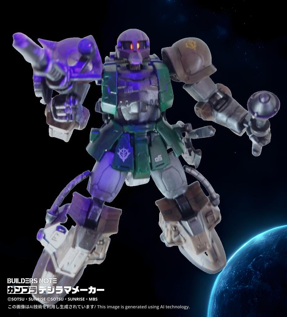 　匿名の提供者からの写真で、最も詳細がわかる一葉だ　背後の星はおそらく月　月といえば、キシリア・ザビ少将が根拠地としたグラナダが想起される　このザクⅠも、突撃機動軍の試作機の一体かもしれない