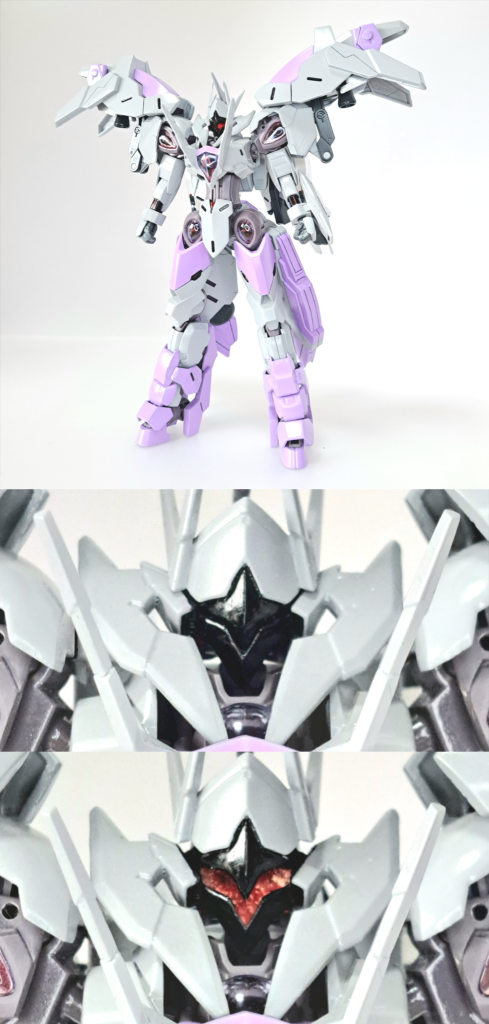 ミカエリス・セイヴァース(パーメットスコア5)GUNDフォーマット使用時の形態。各擬似シェルユニットが赤く発光し、頭部のパーツが展開する。&nbsp;最初は中にシュバルゼッテの顔を付けようとしましたがちょっと無理あったので諦めました
