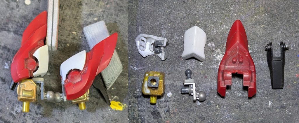 一度設定どおりの色を塗っていたが、リベリオンカラーにリペイントするにあたり、溶剤ドボンしたら肩内部パーツが割れてしまったのでＣＥアストレイ脚部付け根パーツを加工して使用溶剤ドボンするときは可動で強度必要な場所がないか確認してから行ってください。改修は死ぬほど痛いぞ