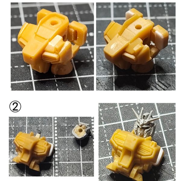 【ガンダムアーティファクト νガンダム改修①】ガンダムアーティファクトのνガンダムのスタイル改修狙いの可動化していきます。【脚部】①足首のTジョイント化。分離し、軸打ちしたいのでスライスして穴あける。②足首の横可動のため、軸打ち。③膝可動化。分離し、ネオジムを接地面に埋め込む。④もも側のディテールパーツを分離し、スネ側に接着。【胸部】①腕の付け根にBJの受けを移植するスペースを作る。②WAVEのBJ-03のBを使用。①で作ったスペースに入るようにカット。2㎜軸が使えるので、首下にある穴を2㎜まで拡張して使用。③はめるとこんな感じ。腕側の肩の可動はホビーベースの関節技球体ジョイントミニにBJ-03のボール軸の頭を移植いたものを使用。④脇下のディテールパーツが厚すぎると思ったので、半分にして再接続。【腕部】①、②のようにパーツ分解。のこ先が入りづらく苦戦しました。②軸ピンをプラ棒でつくり、可動化。③腕付け根のBJ受けにディテールを戻す。④二の腕に軸受け(2㎜穴をあける)の補強のためプラ板で。【腰】①上半身、下半身に分離し、下半身側に1.2㎜のプラ板で腰の厚さUPと2㎜軸ピンを打つ。②ふんどしアーマー部分を増幅した分上に移動。ふんどしアーマーの下が長すぎるのが短足にみえるので、スラスター部分からカット。③腰のフロントアーマーも大きすぎると感じたので、一回り縮小化。④フロントアーマーはプラ棒で軸打ち可動化。サイドアーマーはネオジムで。リアは可動化無し。【首まわり】①首まわりを少しさげたいので、後頭部側の襟を削除し、ヤスリなどで削る。②頭部の側でのBJ化。首のパーツ制作。ボールを接続部に設け、頭部側は首を除去し、エポパテで埋め、ボール受けをつくる。顎引きができます。【ノーマルと比較】腰の厚さとふんどしアーマーの上移動で足が長くなしました。次【ガンダムアーティファクト νガンダム改修②】(6枚目)