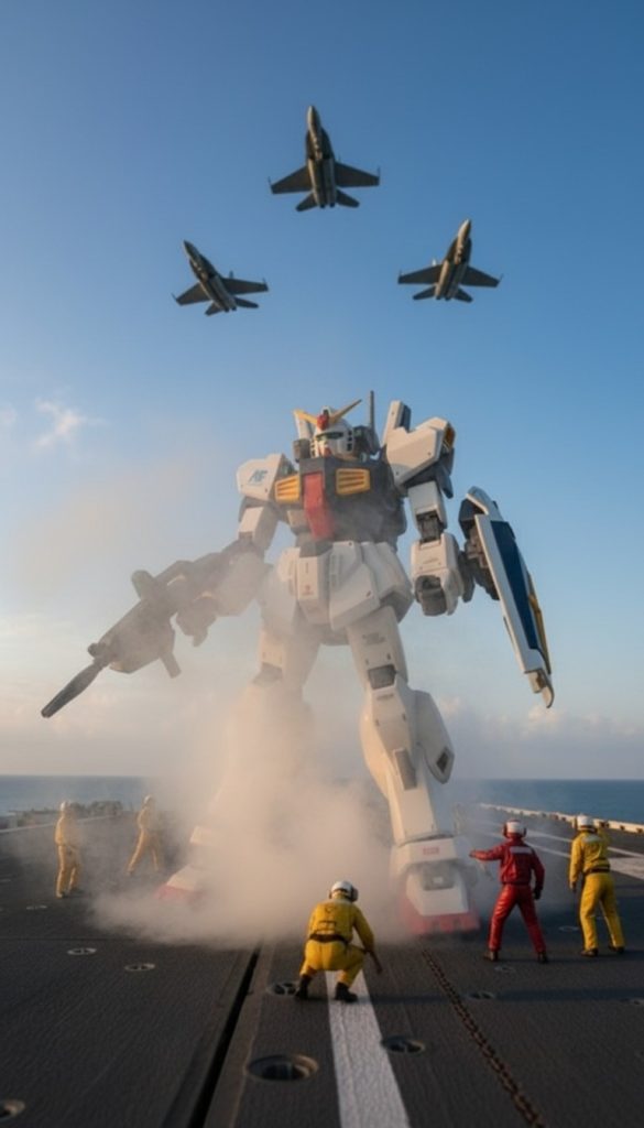 空母カタパルトで発進準備作業のmarkⅡ。いやはやスケールが間違っています。(⁠&nbsp;⁠≧⁠Д⁠≦⁠)これでは48/1スケール？まだＡIには不慣れです。