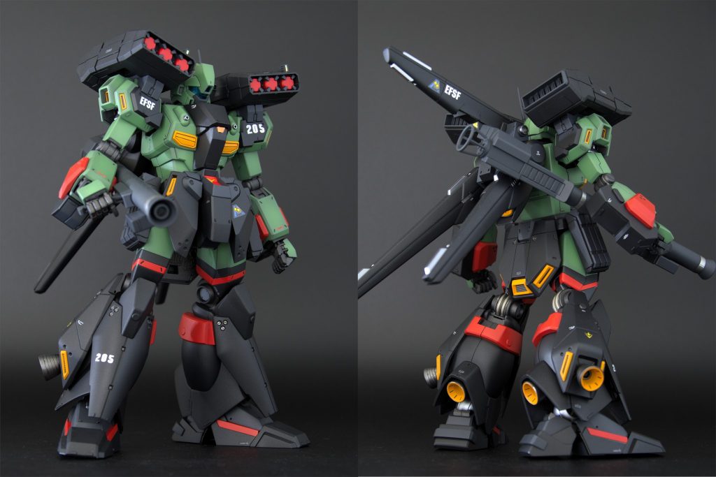 素体のジェガンは特別なギミック等はなく、量産機らしい作りやすいキットですね。スタークジェガン用の追加装甲もポロリすることなくしっかりフィットしてます。足首の可動域はあまり広くないので、劇中同様スタンドで空中シーンを再現する方がポージングはしやすいです。肩のミサイルポットの脱着が簡単なのは良き。腰は2㎜程延長し、腹部の干渉部分を削ってS字立ちしやすくしました。緑の外装はUCっぽくミリタリー寄りの色にしました。