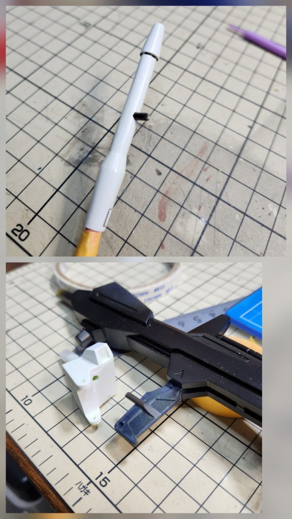 武器はプラ棒を持ち手に付け、手に穴を開け保持力アップ。握力だけでは保持できません。