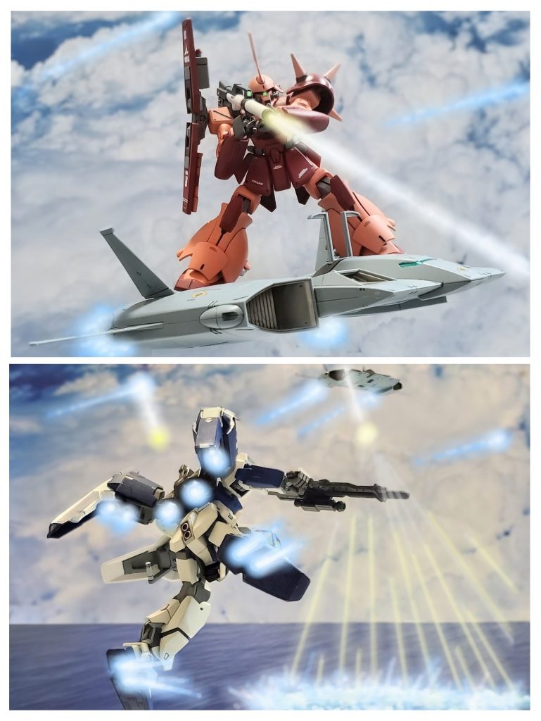 一方、SFSに乗るマラサイ部隊は、ゼロのガンダムモルオルトの頭を押さえ、上空より着弾範囲の広い拡散バズーカ弾を放つ💥間髪入れず次々に撃ち込まれる拡散バズーカ弾を海上で回避するガンダムモルオルト。ガンダムモルオルトは、かつて地球連邦軍が開発した機動性と反応速度に特化したNT専用機がベースとなっている。その機体は一年戦争時に大破したが、その後、開発元のオーガスタ研究所に戻され補助サイコミュシステム『n_i_t_r_o』を搭載し、強化人間対応試作機モルオルトとして修復された。そして今回、ゼロの手に渡る際に試作された翼のような形状のハイモビリティブースター、通称『ワイバーンブースター』を追加装備し、UC0087年においてトップクラスの瞬間機動力を獲得していた。この尋常ではない機体性能を持つガンダムモルオルトは、決意を固めたゼロ・ムラサメの力を得て、そのポテンシャルを解放していく…。