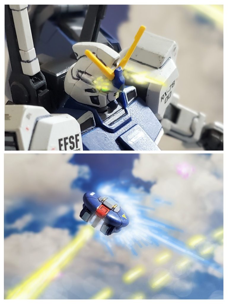一瞬の動きを見切ってバルカン砲を叩き込むゼロのガンダムモルオルトだが、ハンニバル大佐のアッシマーはMS形態とMA形態の可変機構を巧みに使い緩急をつけ避け切る。『くっ…さすがに手強い…』モルオルトといえど重力という足枷があっては、大気圏専用機のアッシマーにわずかに追いつけないと感じるゼロ…。