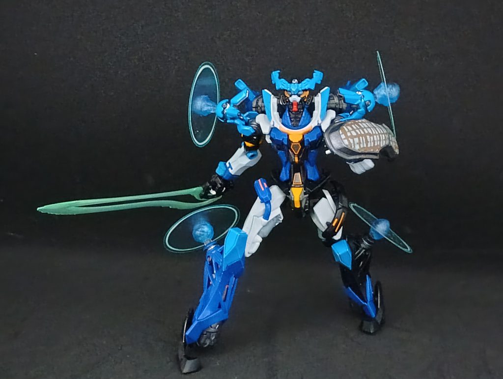 青い「おゆまる粘土」でザックリ手抜きｗ基部のリング状メッキ部分も自作。といいつつ、添付のデカールの余白の銀色部分を細く切り出して、ＵＶレジンで青くしただけ(gundam-kao5)