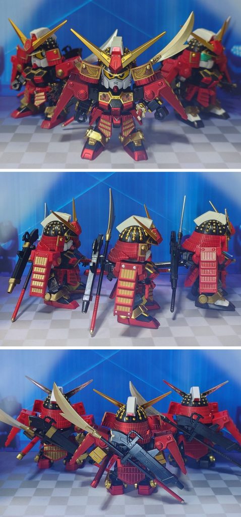 過去作、一般販売の武者頑駄無及び爾武との比較。■塗装レシピメッキパーツ：ランナーごと光沢→パーツを切り離して部分塗装等後につや消し白：グレーサフ→パープルヘイズ→キャラクターホワイト→光沢→つや消し黒：黒サフ→メタリックブラック→光沢赤：MSレッド→光沢→金：黒サフ→ブラック→メタルゴールド→光沢銀：ブラック→メタルシルバー→光沢ポリキャップ：PPプライマー→ブラック→光沢肘関節ポリキャップ：PPプライマー→パープルヘイズ→キャラクターホワイト→光沢→つや消し頭部ツインアイ：キット付属シールにつや消しセンサー類シール：キット付属シールに光沢その他墨入れ・部分塗装：ガンダムマーカー各種