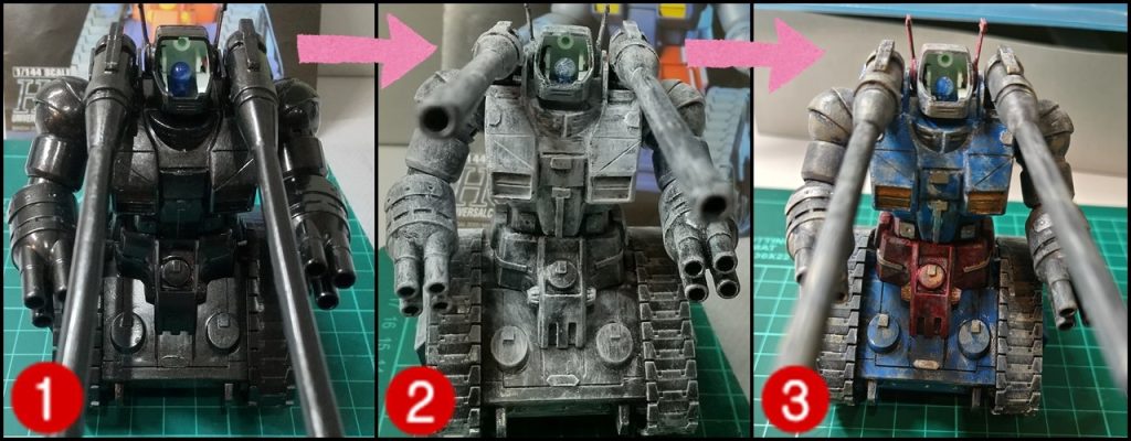 今回のドライブラシ塗装は【GETeM's HOBBY】さんの動画を参考にしました。https://youtu.be/vP4dD9RRBh8?si=sUCG4Jl946wIcAGnゲテムさんはアクリルガッシュを使っていますが、画材屋さんで見たところ、なかなかの金額だったので、いつも通りアクリジョン水性塗料で挑戦しました。Seriaにもアクリルガッシュはあったのですが、色数が少なかったです。１．アクリジョンブラックの黒鉄色で全体を塗装してみました。（使ってみたかった）２．アクリジョンホワイトをクレオスのドライブラシでカッサカサに塗りました。一部、溝やスジ彫りが浅い部分に白が入ってしまい反省点がいっぱいです。３．白を塗った部分には色が乗っていくので、ブルー、シルバー、レッド、ゴールドでカッサカサに塗りました。隙間に白が入ってしまった部分にはスミ入れ塗料ブラックでスミ入れしつつグラデーションがかかるように綿棒で広げつつ汚したりしました。