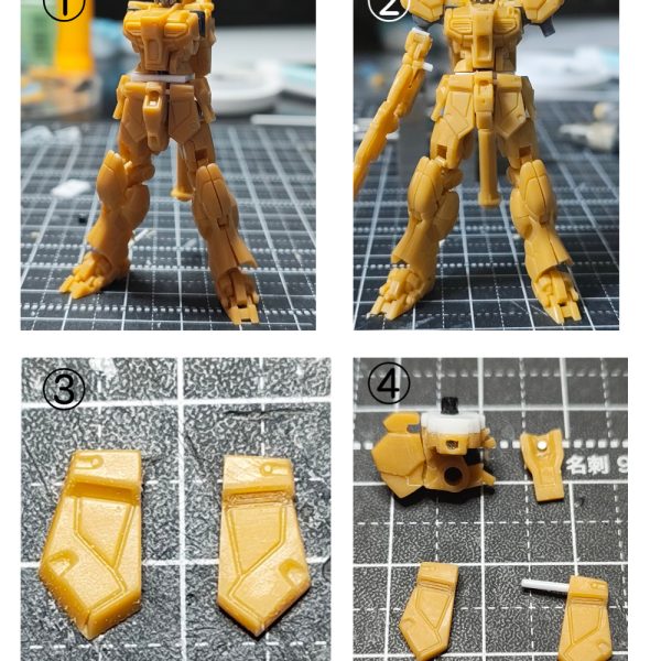 【ガンダムアーティファクト νガンダム改修①】ガンダムアーティファクトのνガンダムのスタイル改修狙いの可動化していきます。【脚部】①足首のTジョイント化。分離し、軸打ちしたいのでスライスして穴あける。②足首の横可動のため、軸打ち。③膝可動化。分離し、ネオジムを接地面に埋め込む。④もも側のディテールパーツを分離し、スネ側に接着。【胸部】①腕の付け根にBJの受けを移植するスペースを作る。②WAVEのBJ-03のBを使用。①で作ったスペースに入るようにカット。2㎜軸が使えるので、首下にある穴を2㎜まで拡張して使用。③はめるとこんな感じ。腕側の肩の可動はホビーベースの関節技球体ジョイントミニにBJ-03のボール軸の頭を移植いたものを使用。④脇下のディテールパーツが厚すぎると思ったので、半分にして再接続。【腕部】①、②のようにパーツ分解。のこ先が入りづらく苦戦しました。②軸ピンをプラ棒でつくり、可動化。③腕付け根のBJ受けにディテールを戻す。④二の腕に軸受け(2㎜穴をあける)の補強のためプラ板で。【腰】①上半身、下半身に分離し、下半身側に1.2㎜のプラ板で腰の厚さUPと2㎜軸ピンを打つ。②ふんどしアーマー部分を増幅した分上に移動。ふんどしアーマーの下が長すぎるのが短足にみえるので、スラスター部分からカット。③腰のフロントアーマーも大きすぎると感じたので、一回り縮小化。④フロントアーマーはプラ棒で軸打ち可動化。サイドアーマーはネオジムで。リアは可動化無し。【首まわり】①首まわりを少しさげたいので、後頭部側の襟を削除し、ヤスリなどで削る。②頭部の側でのBJ化。首のパーツ制作。ボールを接続部に設け、頭部側は首を除去し、エポパテで埋め、ボール受けをつくる。顎引きができます。【ノーマルと比較】腰の厚さとふんどしアーマーの上移動で足が長くなしました。次【ガンダムアーティファクト νガンダム改修②】(5枚目)