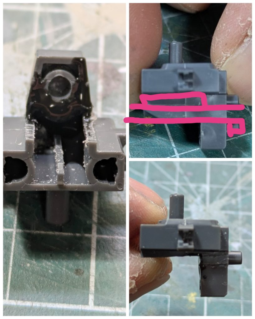 股関節のパーツ赤いラインのところをカットして３ミリ上に上げました。