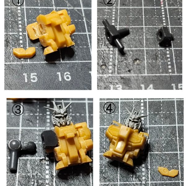 【ガンダムアーティファクト νガンダム改修①】ガンダムアーティファクトのνガンダムのスタイル改修狙いの可動化していきます。【脚部】①足首のTジョイント化。分離し、軸打ちしたいのでスライスして穴あける。②足首の横可動のため、軸打ち。③膝可動化。分離し、ネオジムを接地面に埋め込む。④もも側のディテールパーツを分離し、スネ側に接着。【胸部】①腕の付け根にBJの受けを移植するスペースを作る。②WAVEのBJ-03のBを使用。①で作ったスペースに入るようにカット。2㎜軸が使えるので、首下にある穴を2㎜まで拡張して使用。③はめるとこんな感じ。腕側の肩の可動はホビーベースの関節技球体ジョイントミニにBJ-03のボール軸の頭を移植いたものを使用。④脇下のディテールパーツが厚すぎると思ったので、半分にして再接続。【腕部】①、②のようにパーツ分解。のこ先が入りづらく苦戦しました。②軸ピンをプラ棒でつくり、可動化。③腕付け根のBJ受けにディテールを戻す。④二の腕に軸受け(2㎜穴をあける)の補強のためプラ板で。【腰】①上半身、下半身に分離し、下半身側に1.2㎜のプラ板で腰の厚さUPと2㎜軸ピンを打つ。②ふんどしアーマー部分を増幅した分上に移動。ふんどしアーマーの下が長すぎるのが短足にみえるので、スラスター部分からカット。③腰のフロントアーマーも大きすぎると感じたので、一回り縮小化。④フロントアーマーはプラ棒で軸打ち可動化。サイドアーマーはネオジムで。リアは可動化無し。【首まわり】①首まわりを少しさげたいので、後頭部側の襟を削除し、ヤスリなどで削る。②頭部の側でのBJ化。首のパーツ制作。ボールを接続部に設け、頭部側は首を除去し、エポパテで埋め、ボール受けをつくる。顎引きができます。【ノーマルと比較】腰の厚さとふんどしアーマーの上移動で足が長くなしました。次【ガンダムアーティファクト νガンダム改修②】(3枚目)