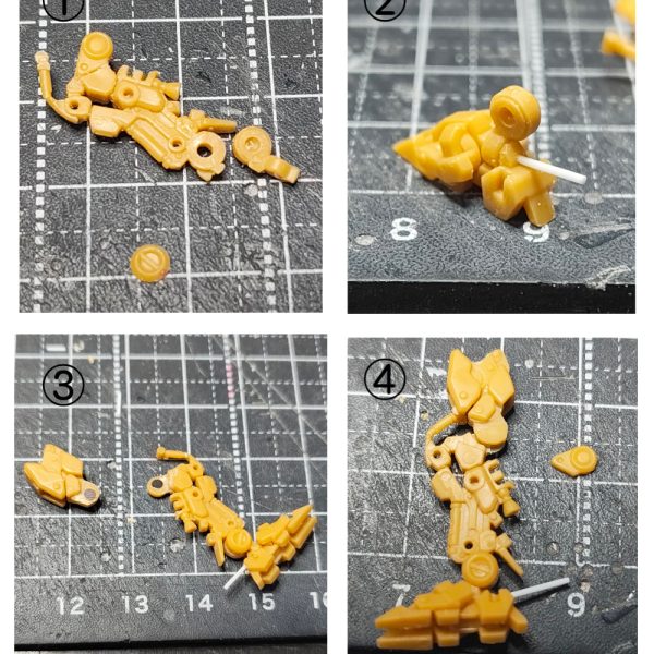 【ガンダムアーティファクト νガンダム改修①】ガンダムアーティファクトのνガンダムのスタイル改修狙いの可動化していきます。【脚部】①足首のTジョイント化。分離し、軸打ちしたいのでスライスして穴あける。②足首の横可動のため、軸打ち。③膝可動化。分離し、ネオジムを接地面に埋め込む。④もも側のディテールパーツを分離し、スネ側に接着。【胸部】①腕の付け根にBJの受けを移植するスペースを作る。②WAVEのBJ-03のBを使用。①で作ったスペースに入るようにカット。2㎜軸が使えるので、首下にある穴を2㎜まで拡張して使用。③はめるとこんな感じ。腕側の肩の可動はホビーベースの関節技球体ジョイントミニにBJ-03のボール軸の頭を移植いたものを使用。④脇下のディテールパーツが厚すぎると思ったので、半分にして再接続。【腕部】①、②のようにパーツ分解。のこ先が入りづらく苦戦しました。②軸ピンをプラ棒でつくり、可動化。③腕付け根のBJ受けにディテールを戻す。④二の腕に軸受け(2㎜穴をあける)の補強のためプラ板で。【腰】①上半身、下半身に分離し、下半身側に1.2㎜のプラ板で腰の厚さUPと2㎜軸ピンを打つ。②ふんどしアーマー部分を増幅した分上に移動。ふんどしアーマーの下が長すぎるのが短足にみえるので、スラスター部分からカット。③腰のフロントアーマーも大きすぎると感じたので、一回り縮小化。④フロントアーマーはプラ棒で軸打ち可動化。サイドアーマーはネオジムで。リアは可動化無し。【首まわり】①首まわりを少しさげたいので、後頭部側の襟を削除し、ヤスリなどで削る。②頭部の側でのBJ化。首のパーツ制作。ボールを接続部に設け、頭部側は首を除去し、エポパテで埋め、ボール受けをつくる。顎引きができます。【ノーマルと比較】腰の厚さとふんどしアーマーの上移動で足が長くなしました。次【ガンダムアーティファクト νガンダム改修②】(2枚目)
