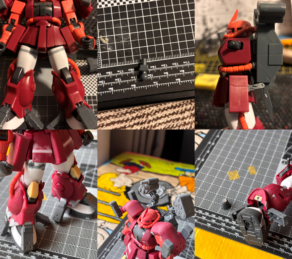 主な改造ポイントをまとめました①太ももの延長②足首の延長③バックパックに合わせた接続（背中＋腹周りのパイプ）④太もも延長に合わせた前スカートと膝の延長⑤ミサイルの作成⑥足後ろのバーニア軸が折れたので磁石接続に変更&nbsp;