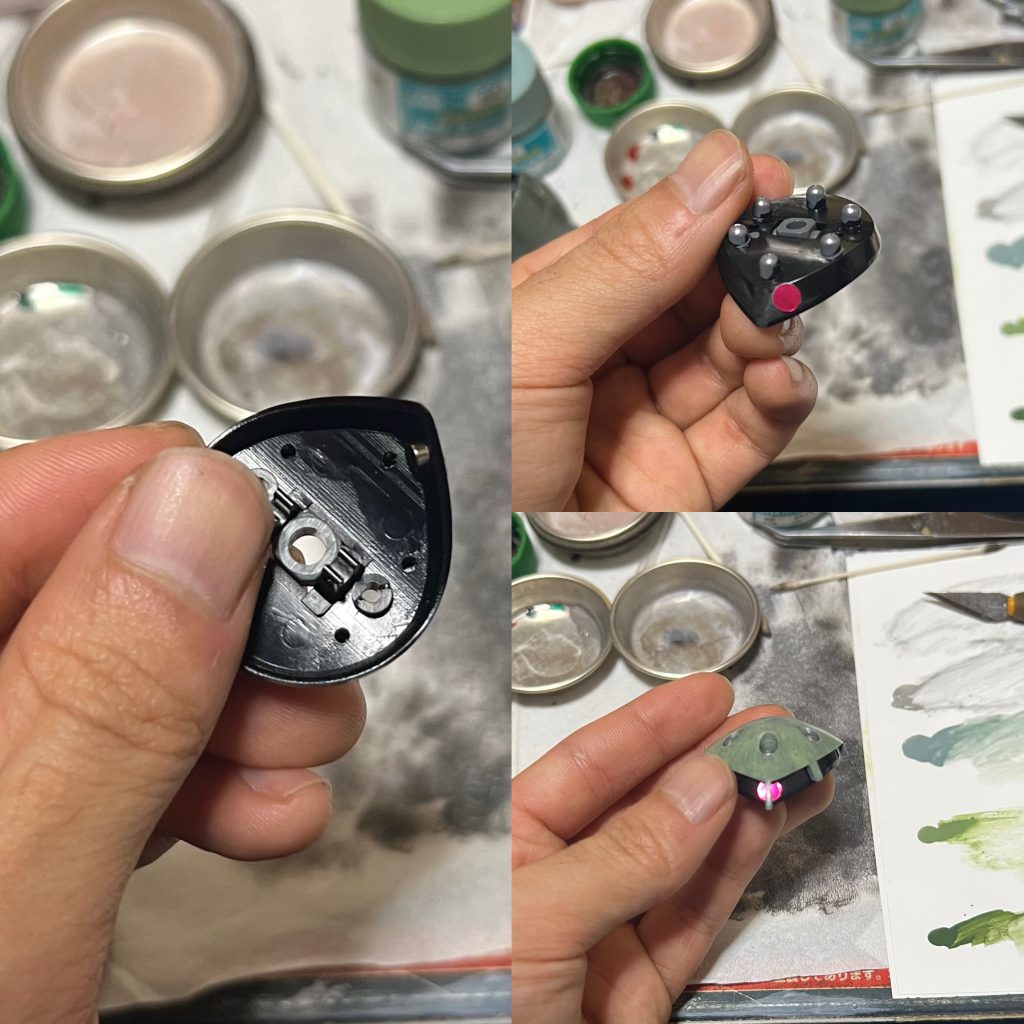 モノアイを可動させたかったので、パーツの裏にネオジム磁石を仕込んでいます。モノアイのメタリックシールにはマグネットセッターを貼っています。