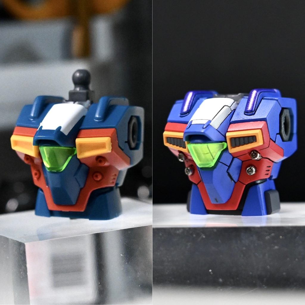 胴体の比較。腰で1ミリ延長し、脇腹にフレームを仕込んでいます。バルカンはすべてくり抜きメタルパーツに置き換えています。下腹部はプラ板で形状変更しています。