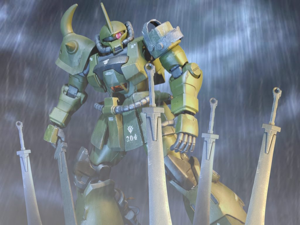 「敵はビーム兵器を携行、火力が違いすぎる、、戦線の維持は不可能。。うわぁ!!」次々と隊員からの交信が途絶する。すでに補給も途絶え、傷だらけの機体も修理することも敵わない。残されてるのはエネルギー切れのヒートサーベル数本、それでも最期の抵抗のため大地に突き立てていた。