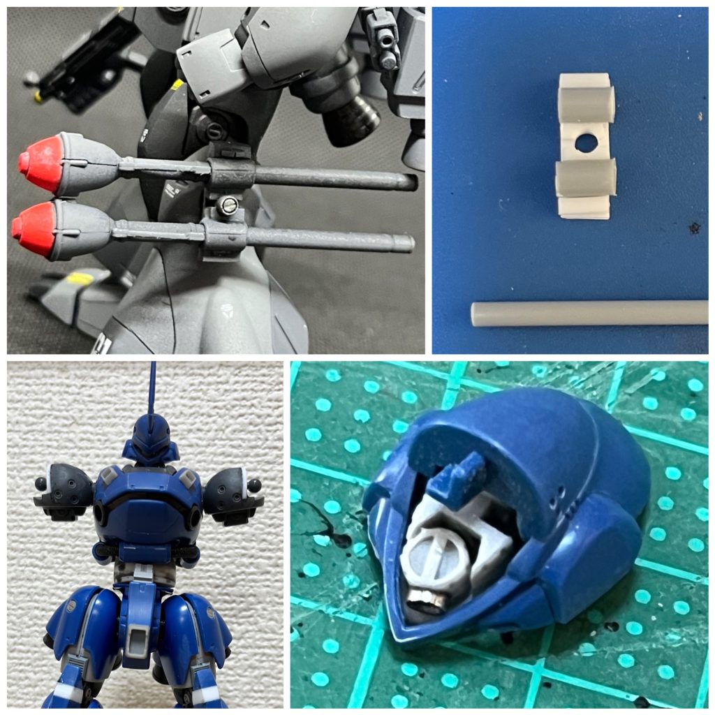 ここからはメイキング画像を載せておきます。前述したシュツルムファウストの接続パーツはプラ板、プラパイプとプラ棒でスクラッチ。両肩はノコギリで幅詰め。モノアイは Aluminum-2nd で購入したパーツを穴あけし、メタルのベースを付けて電飾