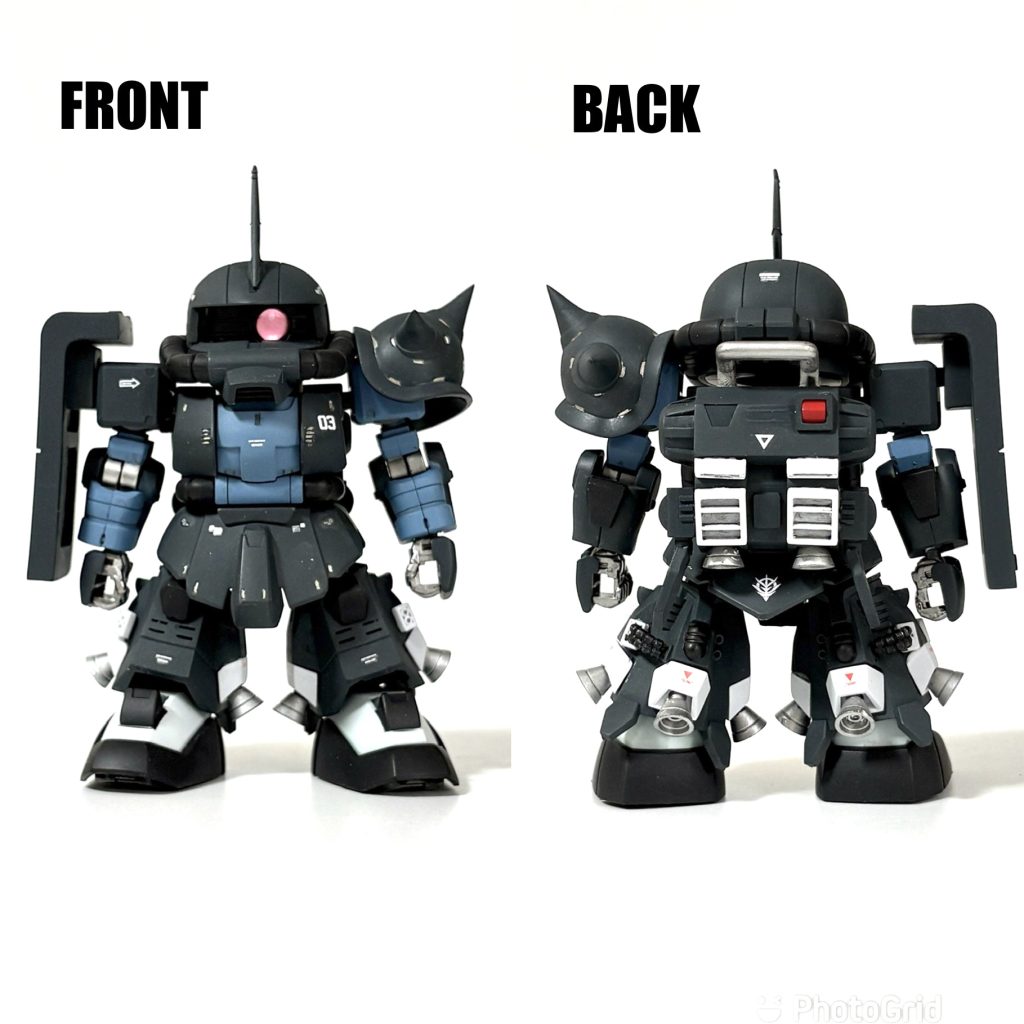 まずは前面、背面の写真から。今回はガイア機なのでアンテナを付け、「03」のナンバーデカールでディテールアップ。元キットを踏襲し、ちょっとだけ足の長い昨今のSD体型にまとめました。足が長いこともあり、脚部のディテールをモリモリに再現できました^^尚、バランス的にSDフレームでは腕が短かすぎる印象があったので、腕のみクロスシルエットフレームに差し替えています。