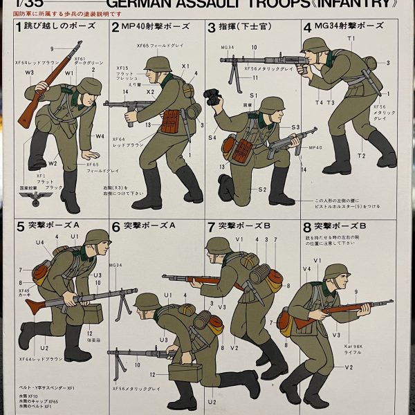 レクイエムのジオラマですが一旦中断しワッパ制作に舵を切ろうかと思います。今回の模コンで1位を取った「鉄人対ブラックオックス」のジオラマをマジマジと観ておりますと、やろうとしてたレクイエムのジオラマのレイアウトを方針転換しないと駄目かな…と思い始めました。なかなか良い案が浮かんで来ません…。前々から凄くやりたかったワッパのジオラマをキット入手を機に進めてゆこう思います。一番のネックはジオン版デルタフォース部隊！😅ワッパから飛び降りてフォーメーションを組もうとしているジオン兵を如何に作り込めるか？😅が今回の鍵です。1/35フィギュアを見回ってみましたが希望のポージングに近く比較的ジオン兵に似ているドイツ兵キットを使うかな…という事で購入しました。やっと1/144の呪縛から一旦解放される…といった感じですが1/35のフィギュアは数十年ぶりです😱はてさてどこまで作り込めるか不安でもあり、とても楽しみです😊タミヤの昔からの箱絵…顔がゴルゴにしか見えない😅写真を参考に自分なりにアレンジも加えられたら最高ですね！ガンプラ以外の物が作れる感じなので凄く気分転換になりそうです。（7枚目）