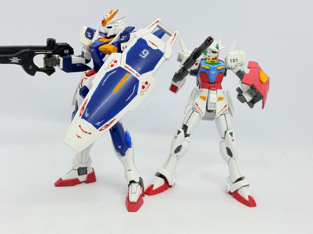 頭　クアンタ胴とバックパックサーベル　コアガンダム腕　ヴィクトリー腰足　F91バックパックと盾　30MMライフル　ジフレドで構成。&nbsp;小さくても理想的シルエットのガンダムを！が実現できて大満足。
