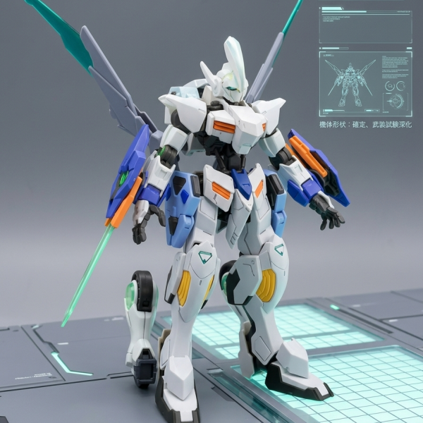 【コンセプト：二つの心臓を持つ実験機】前回のフレーム状態から装甲を装着し、本格的な実働テストに入った「ペンデュラム」の最新形態です。鉄血の**「エイハブ・リアクター」と、00の「GNドライヴ」**という、本来交わらない二つの動力を強引に同期させた、世界に一機の実験機という設定で制作しています。【機体設定：3つの重要ポイント】1. 「未完成」を象徴する無彩色装甲（アクロマティック・アーマー）機体が白とグレーで構成されているのは、まだ調整段階の**「ニュートラル状態」**だからです。塗装という「色」を纏う前のこの姿は、内部から溢れ出すエネルギーを最も正確に観測するためのテスト仕様。未完成ゆえの不気味さと、機能美を両立させました。2. 固定武装：双腕式エメラルド・ブレード「振り子」のような超高速機動に耐えるため、手持ちの長剣を廃止。両腕のユニットから直接、エメラルドグリーンの光刃を形成します。抜刀のタイムラグをゼロにし、すれ違いざまに敵を切り裂く、一撃離脱に特化した武装です。3. 脚部ギミック：高機動スライダー（ランドスピナー型）一見すると騎士のような美しいシルエットですが、脚部背面には地上走行用のローラーユニットを装備しています。• 背中の翼： 空中を舞う「反重力」• 足裏の車輪： 大地を駆ける「超加速」この二つが合わさることで、物理法則を無視した「振り子（ペンデュラム）」のような予測不能な機動を実現します。【制作のこだわり：ここを見てほしい！】• ミキシングの妙： 白とグレーの成型色で見せることで、異なるキットのパーツがいかに違和感なく一体化しているか、その「形」の面白さを追求しました。• 隠れたロマン： 見えにくい脚部裏のローラーユニットなど、**「裏側にこそ機能が詰まっている」**というメカとしての説得力に力を入れています。&nbsp;（2枚目）