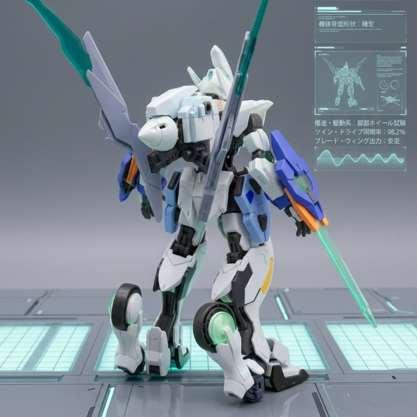 【コンセプト：二つの心臓を持つ実験機】前回のフレーム状態から装甲を装着し、本格的な実働テストに入った「ペンデュラム」の最新形態です。鉄血の**「エイハブ・リアクター」と、00の「GNドライヴ」**という、本来交わらない二つの動力を強引に同期させた、世界に一機の実験機という設定で制作しています。【機体設定：3つの重要ポイント】1. 「未完成」を象徴する無彩色装甲（アクロマティック・アーマー）機体が白とグレーで構成されているのは、まだ調整段階の**「ニュートラル状態」**だからです。塗装という「色」を纏う前のこの姿は、内部から溢れ出すエネルギーを最も正確に観測するためのテスト仕様。未完成ゆえの不気味さと、機能美を両立させました。2. 固定武装：双腕式エメラルド・ブレード「振り子」のような超高速機動に耐えるため、手持ちの長剣を廃止。両腕のユニットから直接、エメラルドグリーンの光刃を形成します。抜刀のタイムラグをゼロにし、すれ違いざまに敵を切り裂く、一撃離脱に特化した武装です。3. 脚部ギミック：高機動スライダー（ランドスピナー型）一見すると騎士のような美しいシルエットですが、脚部背面には地上走行用のローラーユニットを装備しています。• 背中の翼： 空中を舞う「反重力」• 足裏の車輪： 大地を駆ける「超加速」この二つが合わさることで、物理法則を無視した「振り子（ペンデュラム）」のような予測不能な機動を実現します。【制作のこだわり：ここを見てほしい！】• ミキシングの妙： 白とグレーの成型色で見せることで、異なるキットのパーツがいかに違和感なく一体化しているか、その「形」の面白さを追求しました。• 隠れたロマン： 見えにくい脚部裏のローラーユニットなど、**「裏側にこそ機能が詰まっている」**というメカとしての説得力に力を入れています。&nbsp;（3枚目）