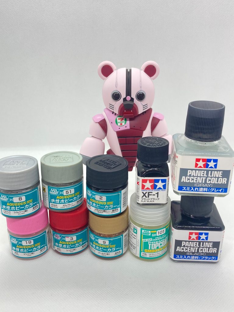 使用塗料ピンクは色を足してます。限定という事なのか？カラーチャートなかった。。。関節部の干渉が多く、塗装後に擦れ傷がつきやすいせっかくの限定なのでシールはホイルシールではなく、マーキングシールだったら嬉しかったなー