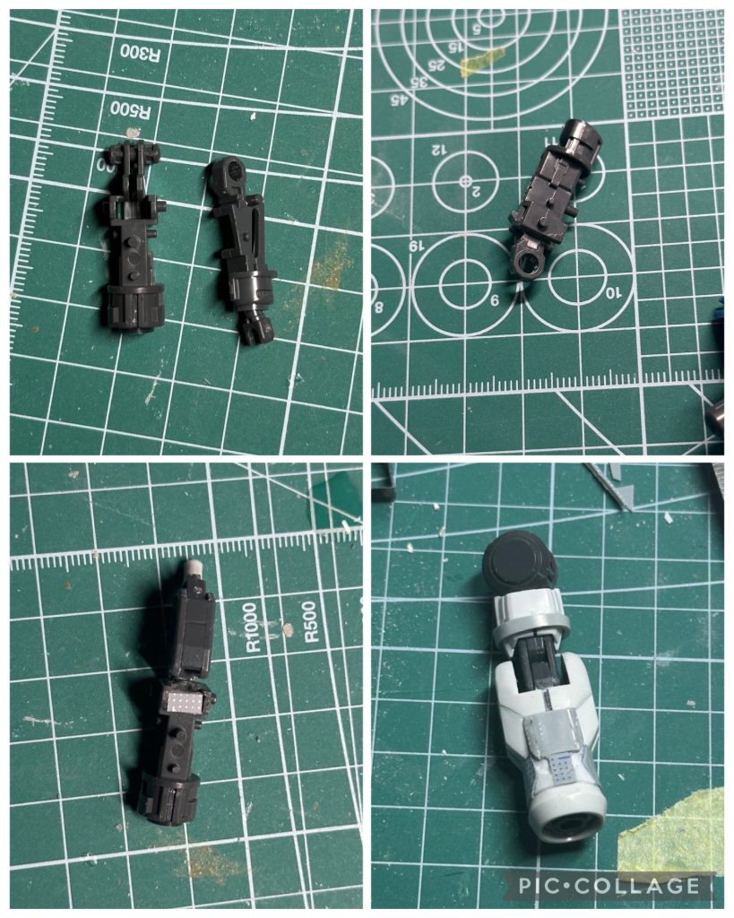 腕パーツジンクスをベースにエクシアにつけれるよう移植したりプラ棒を付けたりとあとは角を落として形を整えますクリアパーツの部分はUVジェルクリアで作っています