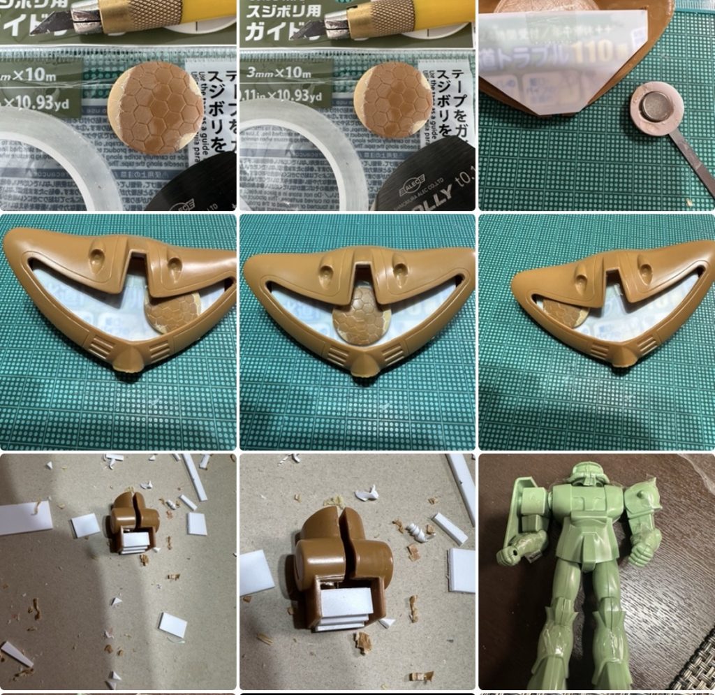 こちらも製作工程に収まらなかった写真です。口のダクトをプラ板で作成してます。加工に目処がついたあたりでザクの仮組みも始めてます。
