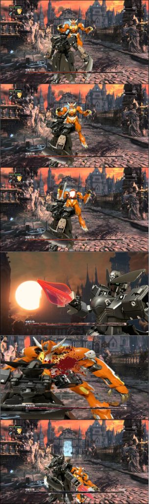 せっかくなので銃パリィをしてみました。獣役には以前作成したラゴゥ君です。ちょうど獣っぽいのでw今回クロボンを選定したのは前述した理由以外にもありまして、銃パリィをした後に出来る内臓攻撃を再現できる武装を持ってるガンダムってのがあります。クロボンのブランドマーカーという装備で再現出来そうだなと思ったので選定しました。内臓攻撃用のブランドマーカーに銃パリィ用の短銃・・クロボンはブラボを意識してる！？