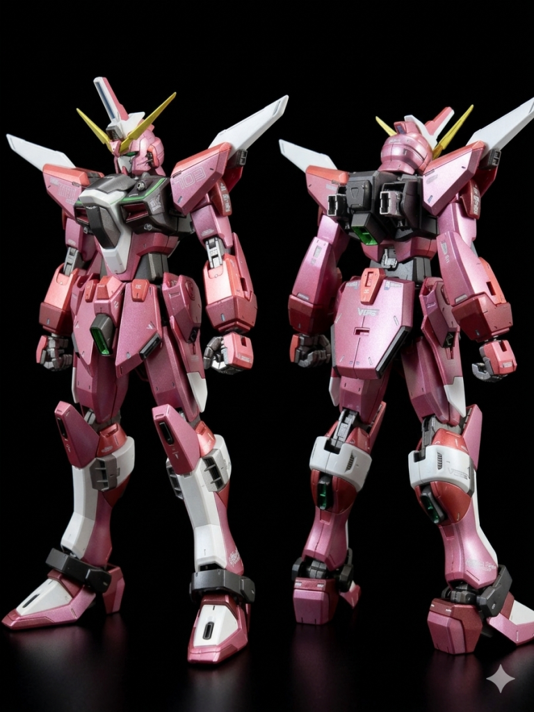 ジャスティ素。塗り分けはファトゥムとほぼ同じです。GXメタルピーチがメインカラーです。スジボリやディテールアップは一切せず、塗り分けで情報量を上げようと頑張ってみました。マスキング、好きですから笑