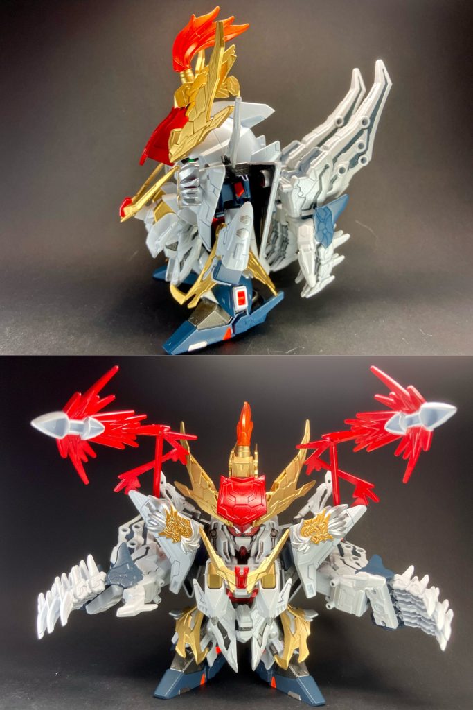 【殲獄波弾】司馬炎クスィーガンダムの脳波に感応して自在に軌道を変える、司馬一族秘伝の遠隔誘導兵器。最大27基の弾頭を搭載する。不可思議な推力航行システムと同様に、トリニティ資源を消費しない特殊な独自開発技術の産物と推測されるが、詳細なDATAは企業秘密のため公開されていない。