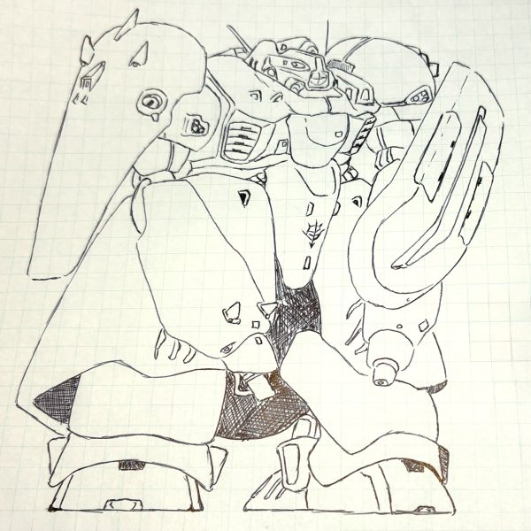 いよいよ胴体を作り始めました。画像とにらめっこしながらラフい感じの絵から立体化した時の雰囲気を確認しつつ、直線的な部分はプラ板、曲面はパテで調整……スカートも制作していますが、絵に写真の合成をすると、どの角度から撮影しても当てはまらない事実が発覚し… がっかり………もっと正確に尺図を取りながら、図面起こしからやり直すか、二次元絵の嘘という事にして進めるか……とても悩ましい……。言い訳をするのなら、背面絵が見つけられていないことも原因になっているけれど、できれば元の絵に近いもので立体化したいので、考えながら、他のパーツ制作をしていこうとおもいます。（2枚目）